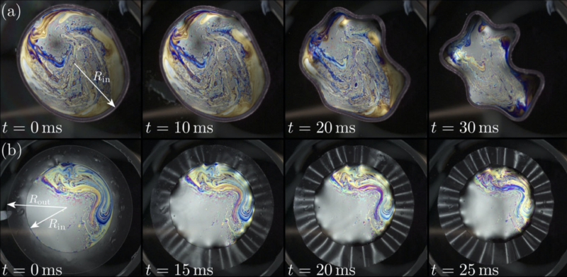 Two rings buckling under the pressure of a soap film. The top ring is a narrow band (compared to its diameter), so it buckles inward. The bottom ring has wide walls. It wrinkles out of plane as it collapses inward.