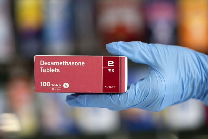 A close-up of a box of Dexamethasone tablets in a pharmacy on June 16, 2020 in Cardiff, United Kingdom.