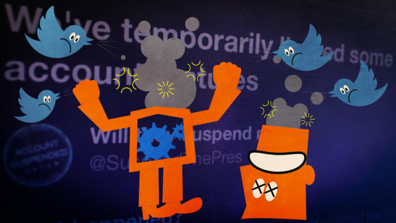 Cartoon figures are attacked by blue Twitter birds.