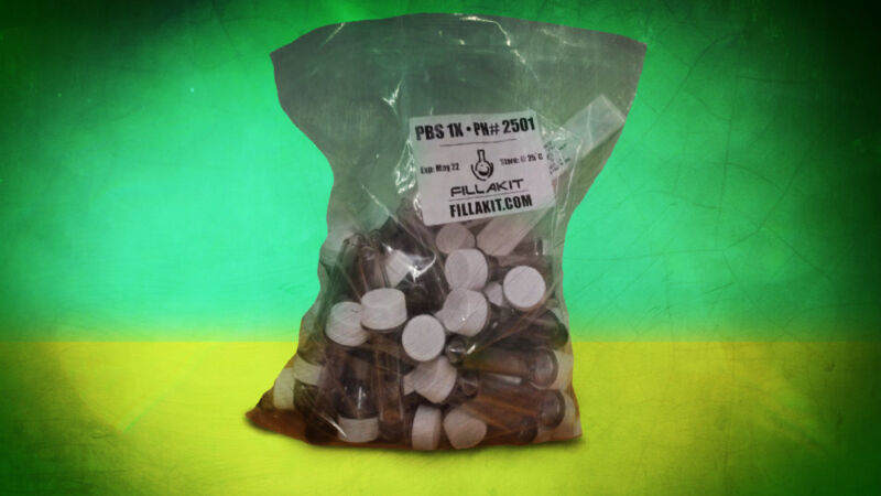 A plastic bag has been stuffed with test tubes.