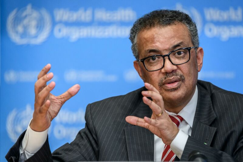 World Health Organization Director-General Tedros Adhanom Ghebreyesus speaking at a press conference.