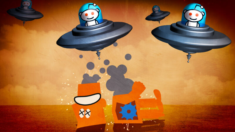 Cartoon flying saucers have decapitated an orange robot.