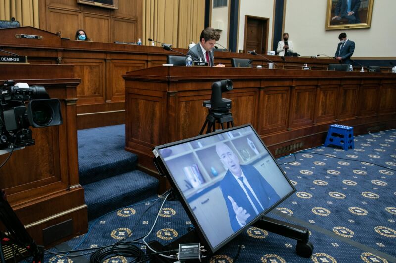 Amazon CEO Jeff Bezos testifies (remotely) before the House Judiciary Subcommittee on Antitrust, Commercial and Administrative Law hearing on "Online Platforms and Market Power" in the Rayburn House office Building on Capitol Hill in Washington, DC on July 29, 2020.