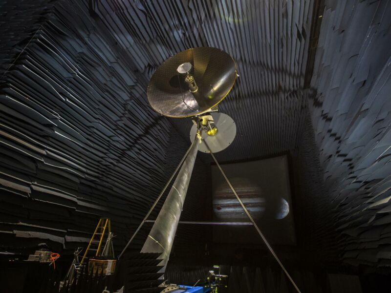 A full-scale prototype of the high-gain antenna on NASA's Europa Clipper spacecraft.