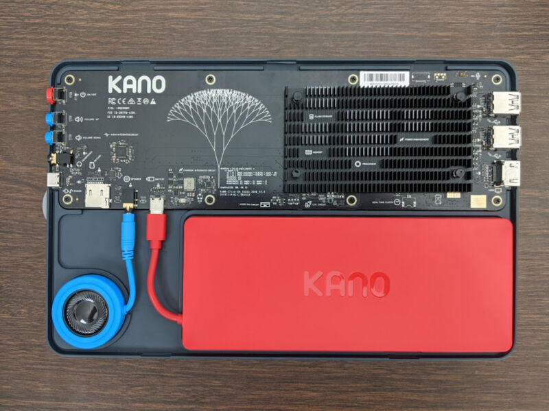 This almost fully-assembled shot of the Kano PC lacks only the back cover and the magnetically-connected folio case with keyboard and touchpad.