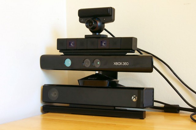 Always watching. Top to bottom: PlayStation Eye (PS3), Playstation Camera (PS4), Xbox 360 Kinect, Xbox One Kinect.