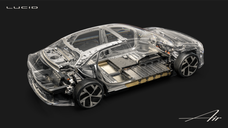 This cutaway shows how Lucid has packaged the battery modules in the Air.