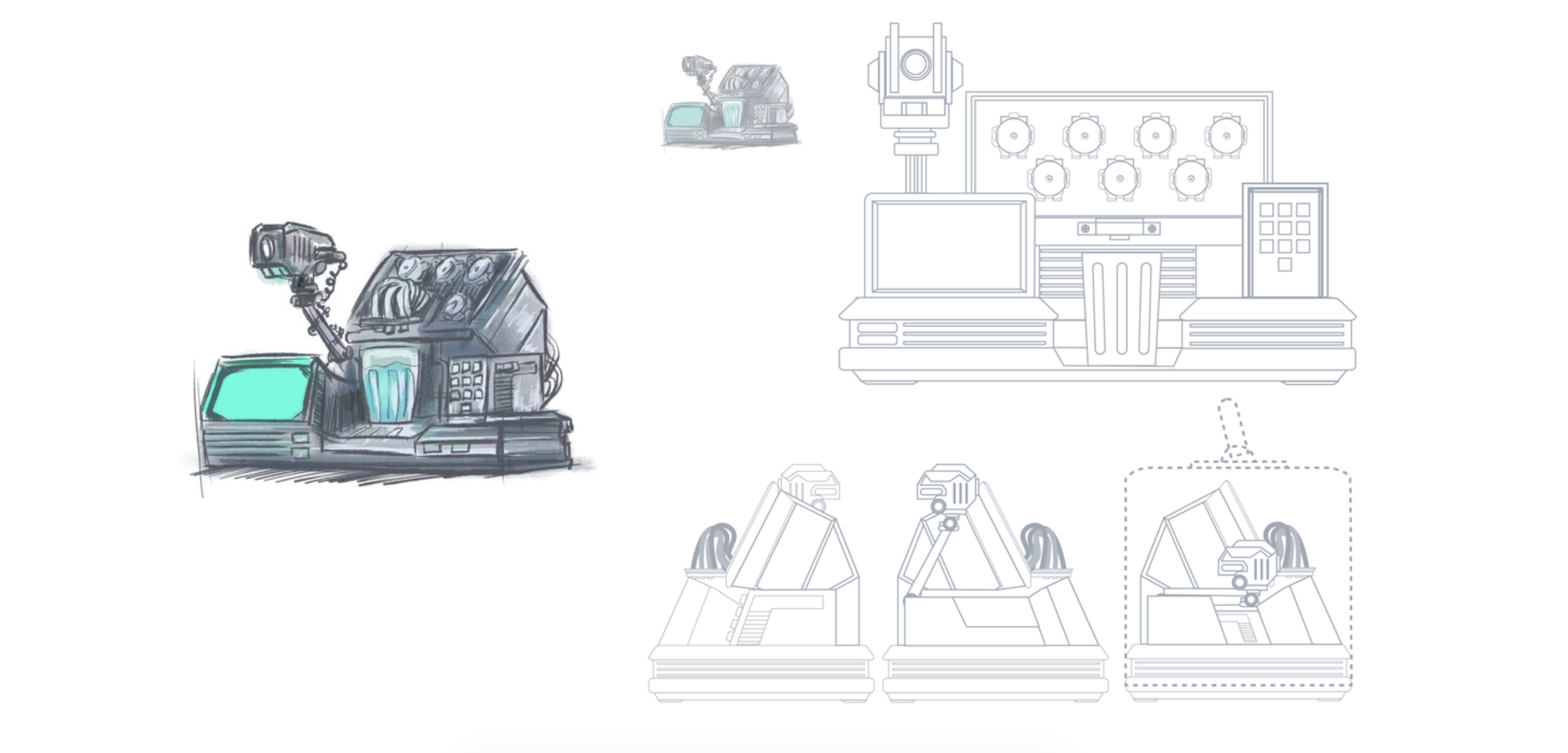 Pencil sketches of the machine from different angles
