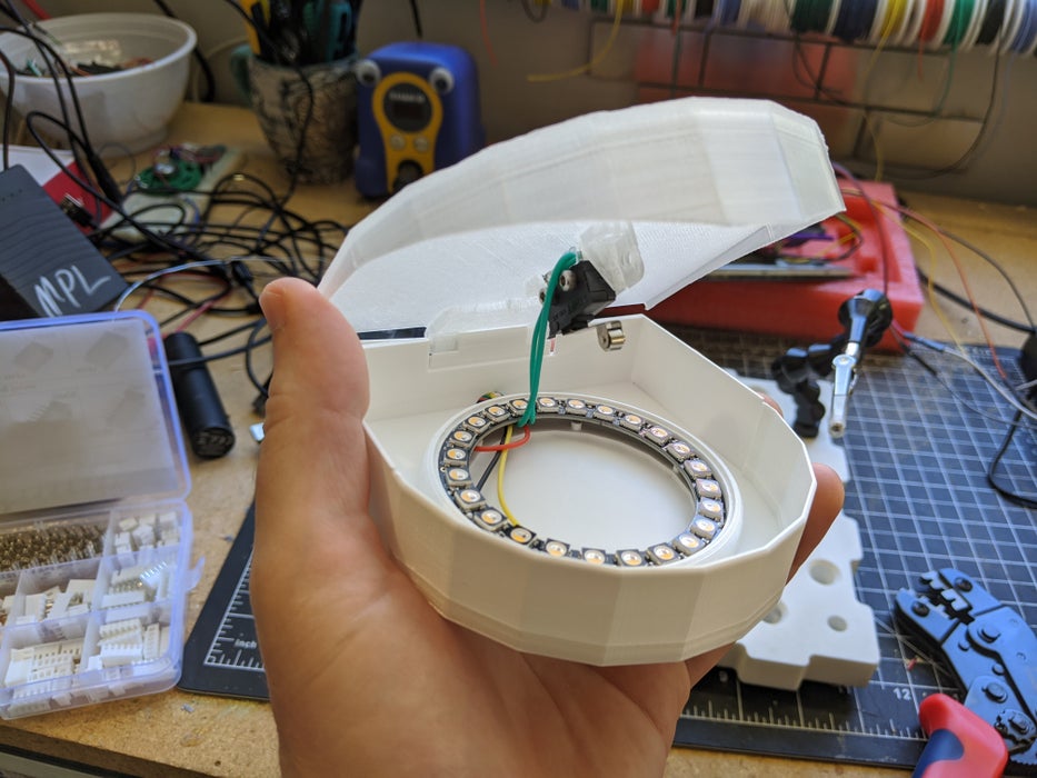 Inside the cup dispenser sensor showing the switch and LEDs
