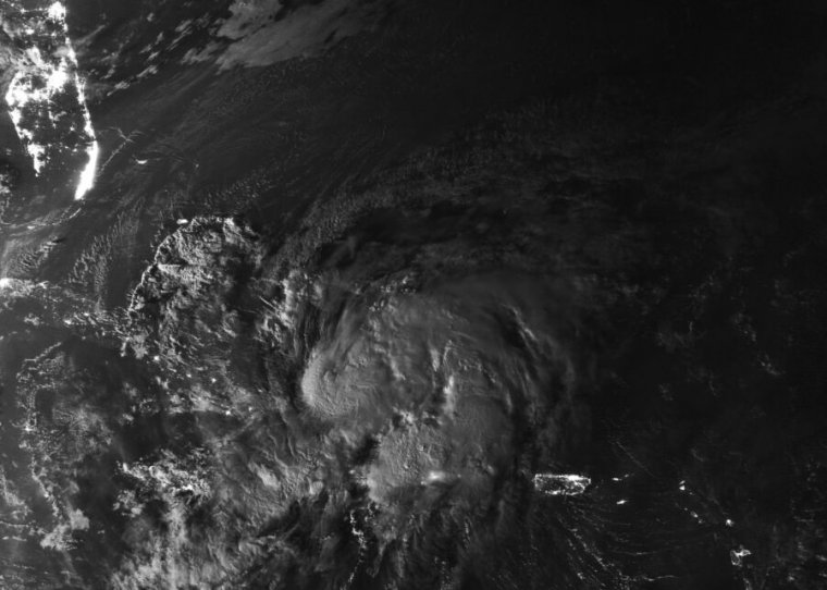 Satellite view of a storm over the ocean.