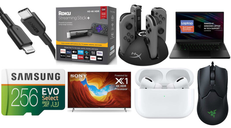 A photographic collage of consumer electronics.