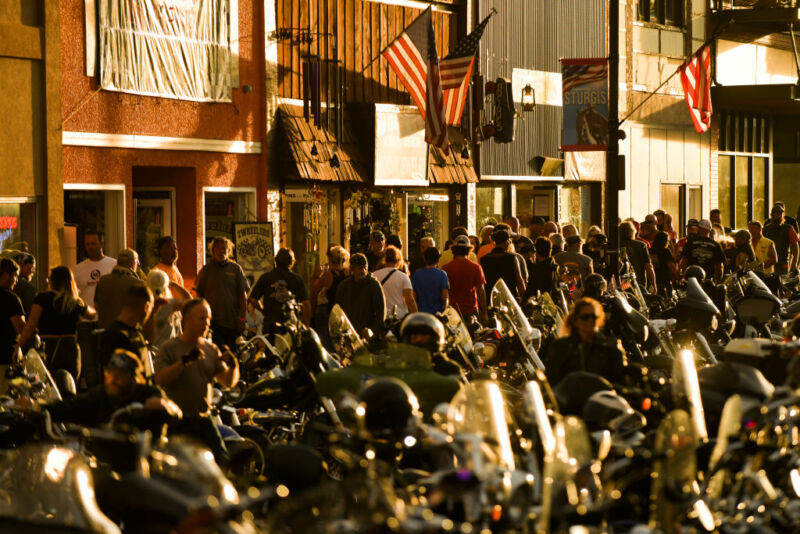 STURGIS, SD—People walk along Main Street during the 80th Annual Sturgis Motorcycle Rally in Sturgis, South Dakota on August 8, 2020. 