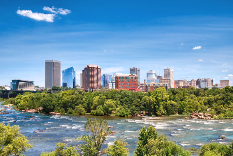 Richmond, the capital of Virginia, looking scenic as seen from across the James River.