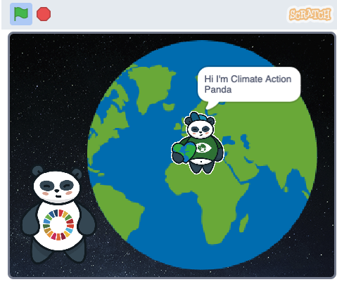 Screenshot of a Scratch project showing a panda and the Earth