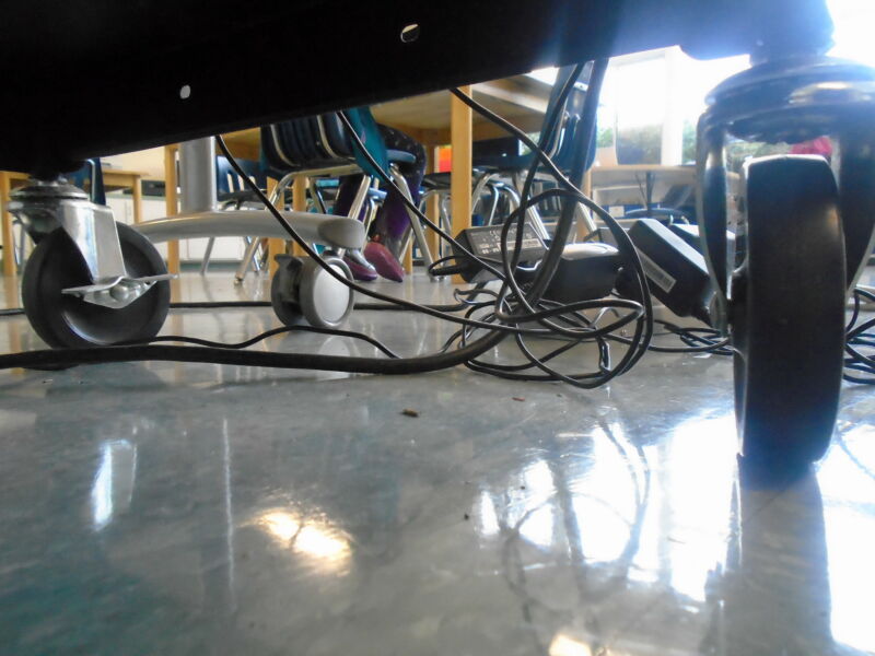 Messy cables in a classroom.
