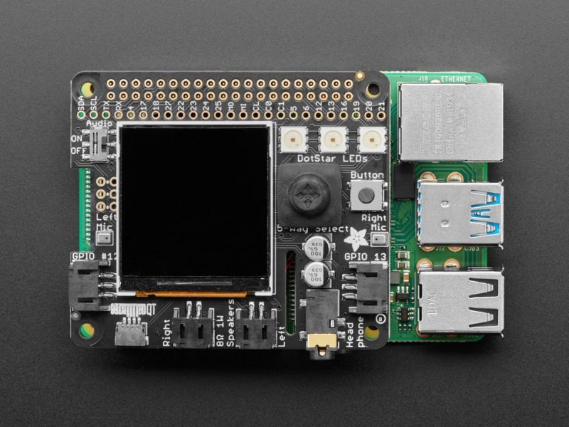 Adafruit BrainCraft HAT on top of a Raspberry Pi