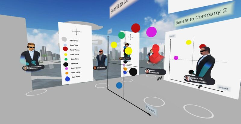 A virtual workspace is composed of heavily stylized floating heads and a permanent sunset.
