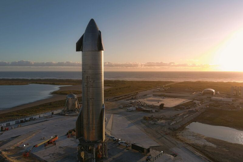 An early morning view of SN8 on the launch pad in South Texas, with the Gulf of Mexico in the distance.