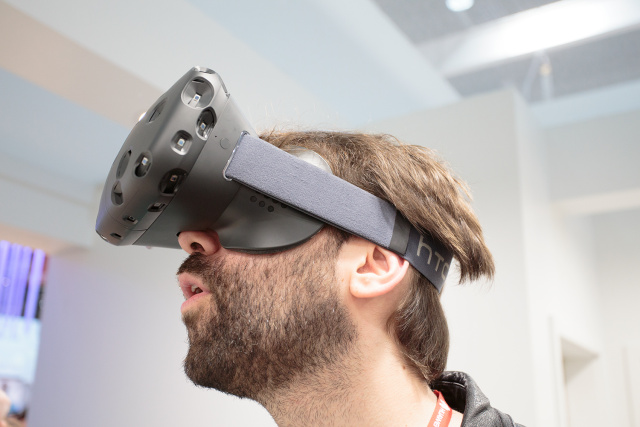 HTC/Valve Vive VR headset, on a hairy tech journalist