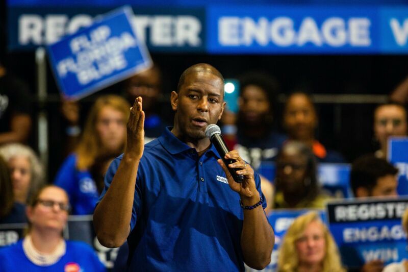 Former Florida gubernatorial candidate Andrew Gillum speaking to a crowd.