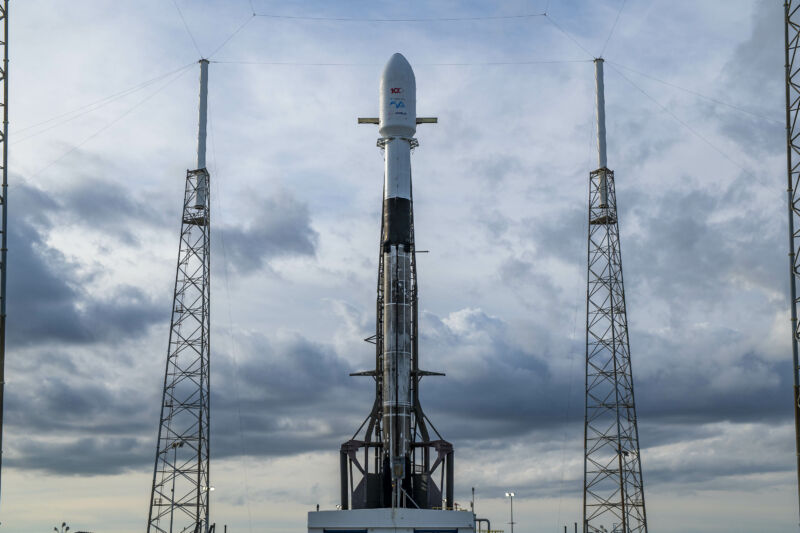 A Falcon 9 rocket stands ready to launch the Turksat 5A mission.