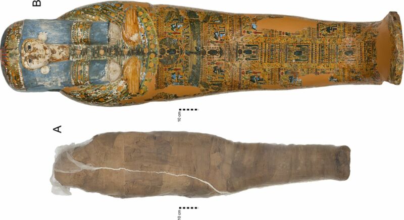 Color photo of painted coffin (top) and linen-wrapped mummy (bottom).