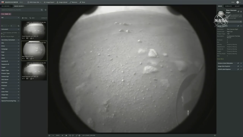 A black-and-white image of the Martian surface.