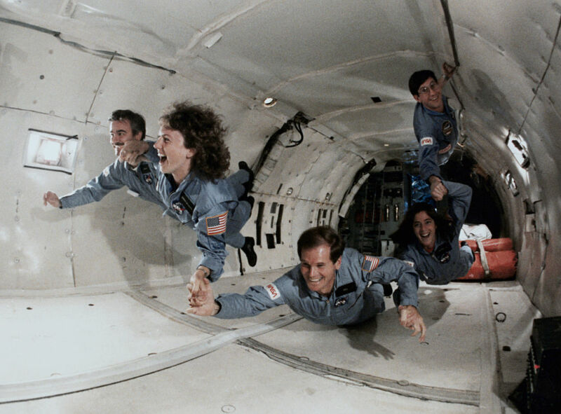 Then Rep. Bill Nelson (D-Fla., at bottom) undergoing zero-gravity training onboard a KC-135 along with other astronaut trainees in 1985. On his right is schoolteacher Christa McAuliffe, who died along with seven other crew members in the <em>Challenger</em> disaster.