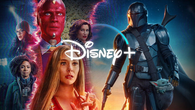 A collage of Disney characters behind a Disney logo.