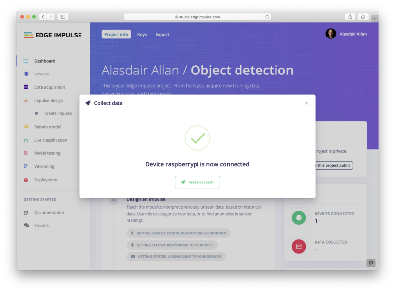 Raspberry Pi has connected to Edge Impulse