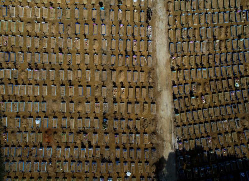 Aerial view of a large section of a cemetery.