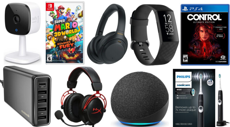 A collage of electronic consumers goods against a white background.