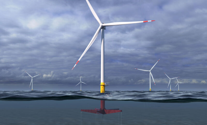 A rendering of GE and Glosten's actively managed tension leg platform for floating offshore wind projects.