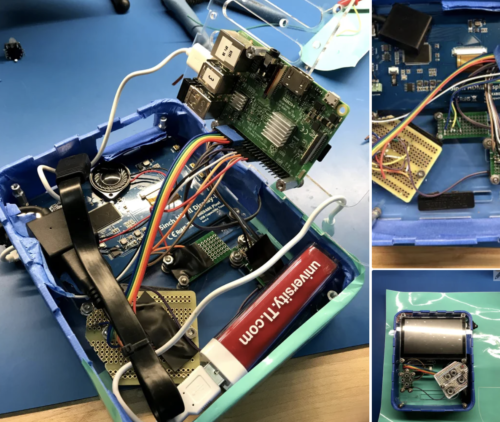 inside of handset showing raspberry pi trying to cram in with other components and wires