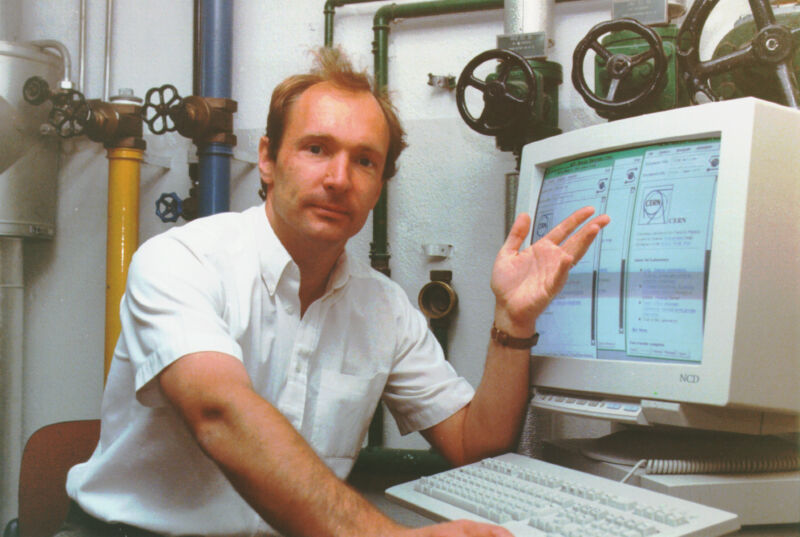 Tim Berners-Lee showing off the early World Wide Web at CERN.