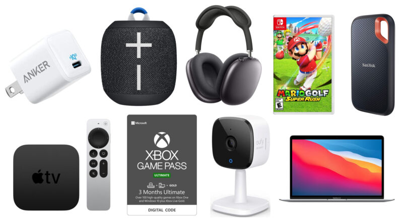 A collage of consumer goods against a white background.