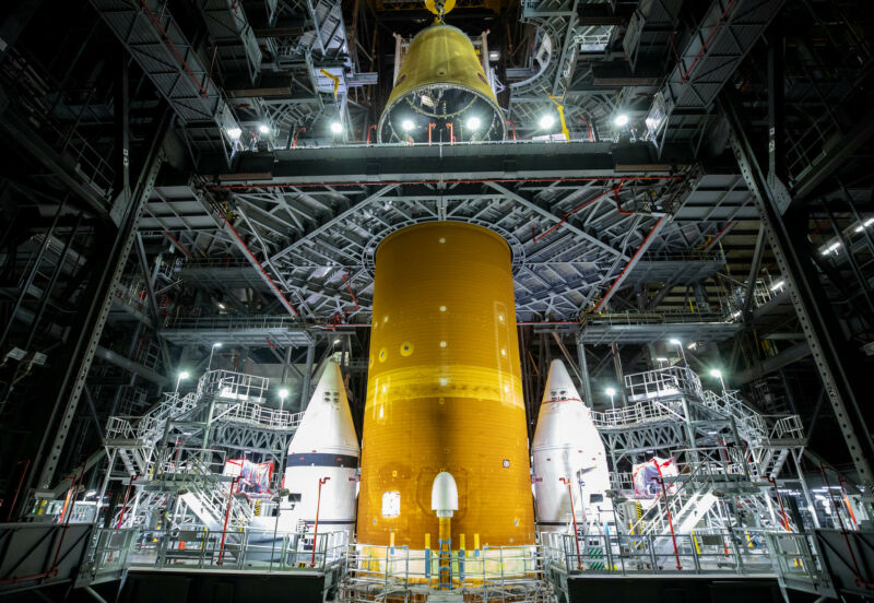 The launch vehicle stage adapter for NASA’s Space Launch System rocket is integrated with the core stage in June.