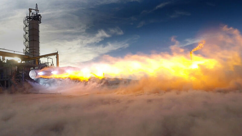 Image of a BE-4 rocket engine on a test stand in West Texas.