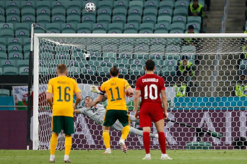 Wales' forward Gareth Bale misses a penalty kick during the UEFA EURO 2020.