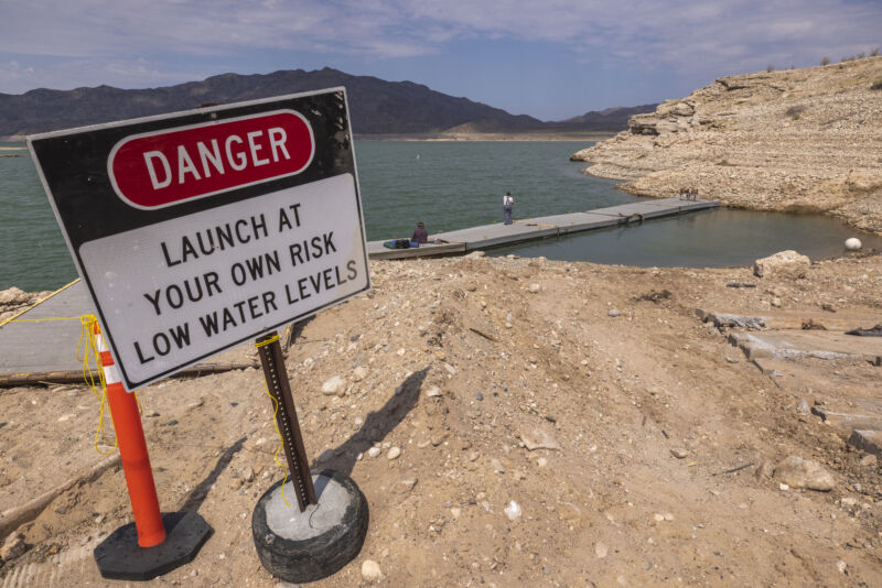 A dock, which has become unusable as a worsening drought drops the water level of Lake Mead to new historic low records, is seen at South Cove near the upper reaches of the reservoir near Meadview, Arizona.