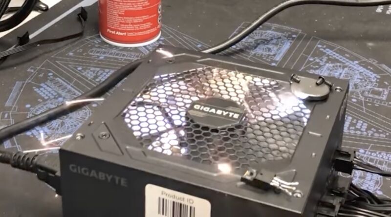 A Gigabyte power supply explodes during Gamers Nexus' testing.