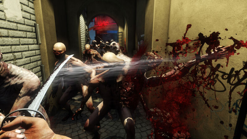 Screenshot from a violent, bloody video game.