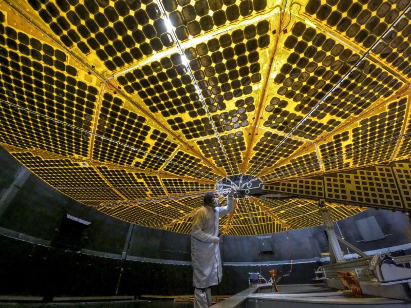 One of the Lucy spacecraft's solar arrays, with a human for scale.