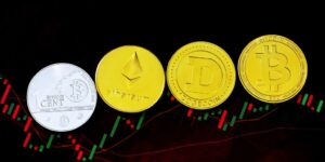 Cryptocurrency coins placed on trading chart
