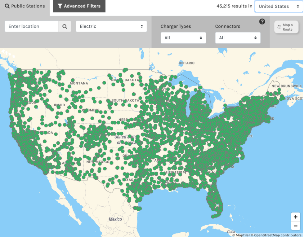 If you're considering adopting an EV, then you can use <a href="https://afdc.energy.gov/fuels/electricity_locations.html#/find/nearest?fuel=ELEC&ev_levels=all&country=US">this helpful online tool</a> at the Department of Energy to see where all the chargers are.