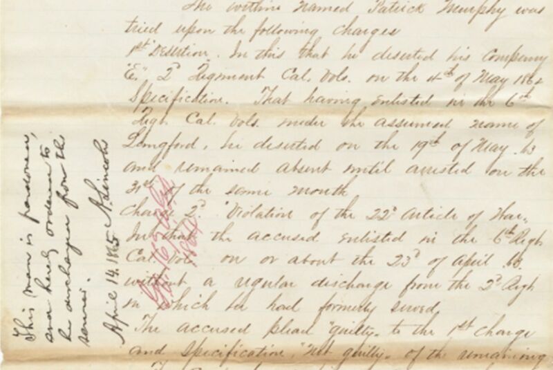 Abraham Lincoln's pardon for Patrick Murphy, a Civil War soldier in the Union Army who was court-martialed for desertion.