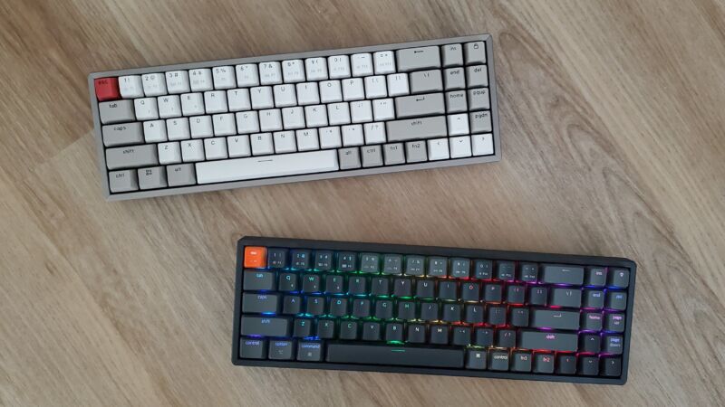 Keychron K14 with no backlight (top) and an RGB backlight (bottom).
