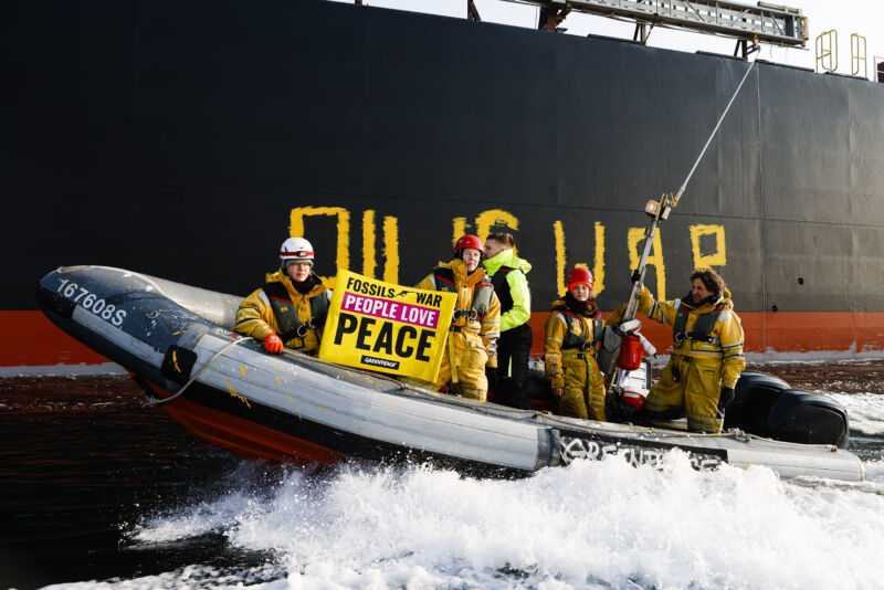 Activists from the environmental organization Greenpeace demonstrate in the Baltic Sea in front of a ship carrying Russian oil on March 23, 2022.