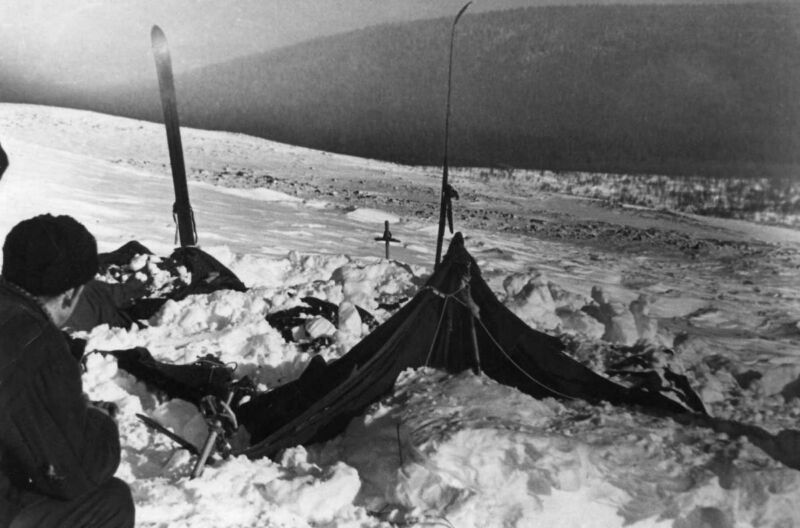 A view of the tent as the rescuers found it on February 26, 1959. The tent had been cut open from inside, and most of the skiers had fled in socks or barefoot.