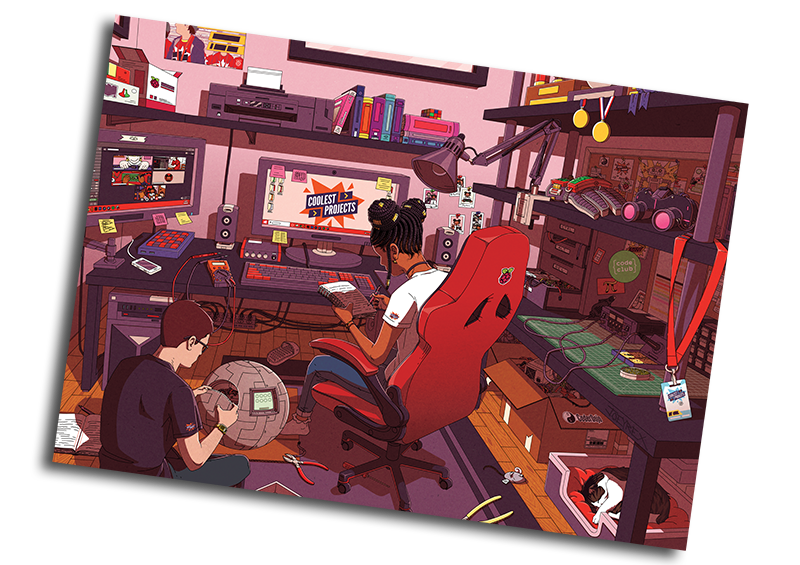 An illustration of two young tech creators working on digital projects in a room filled with devices, gadgets, and tools.